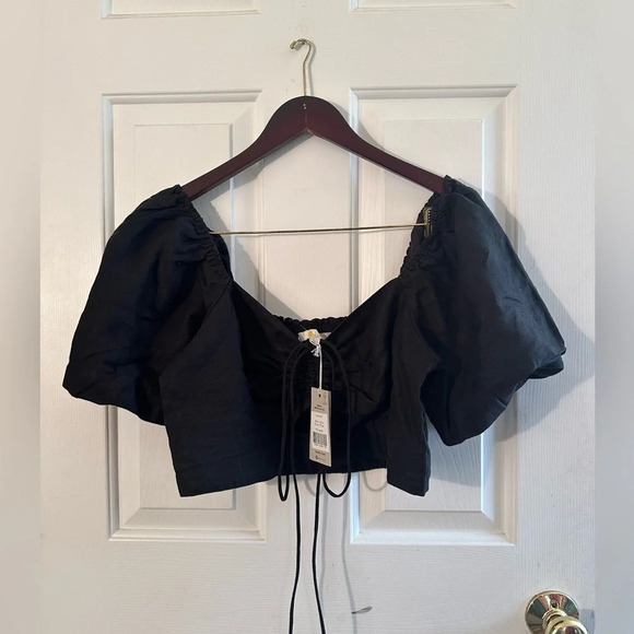 NWT! BODEN Halter Neck Cut Out Linen Crop Top US 12 Black Poof Sleeves Tie CUTE - Picture 5 of 15